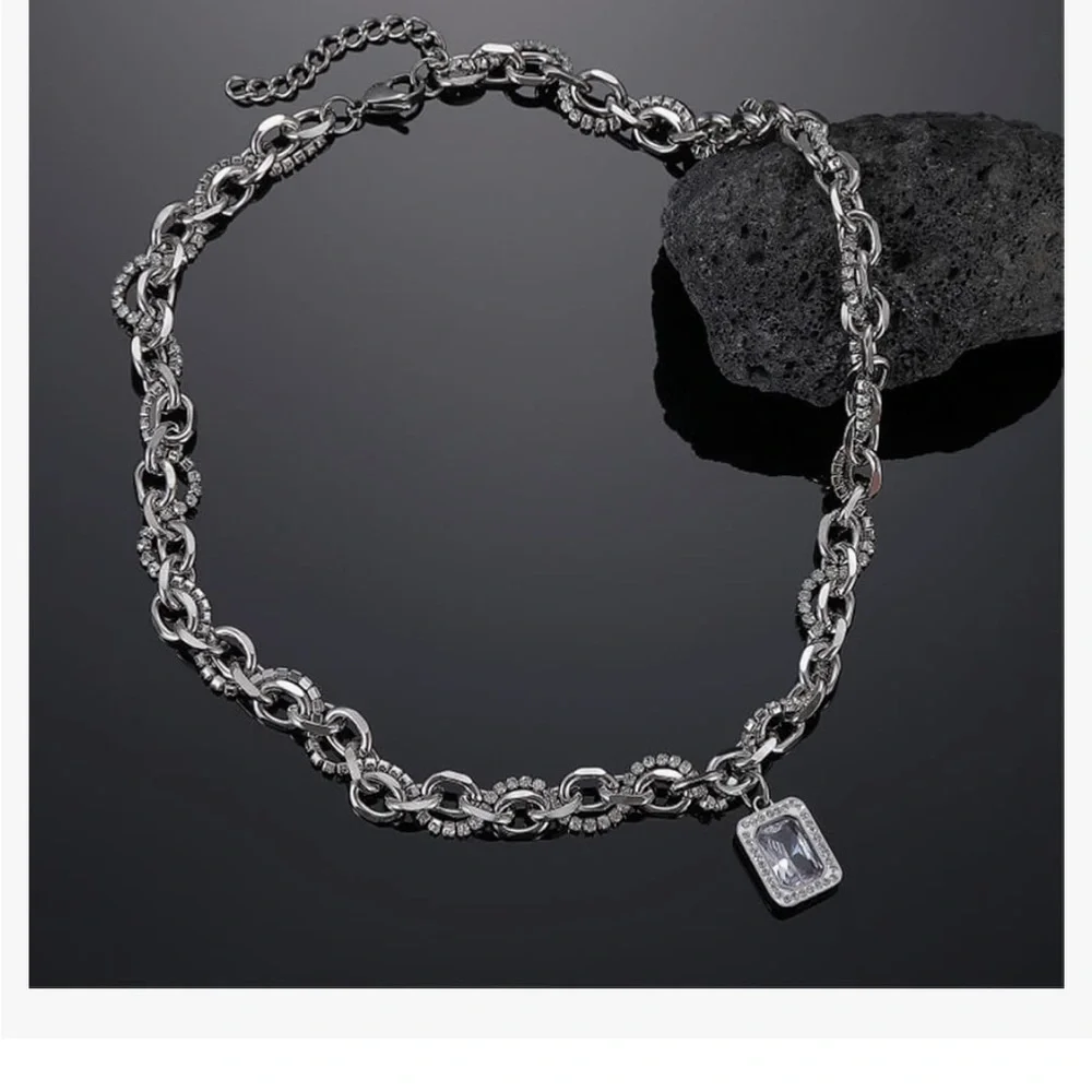 Stainless Steel Crystal Chunky Charm Pendant Necklace Paperclip Chain - Picture 8 of 9